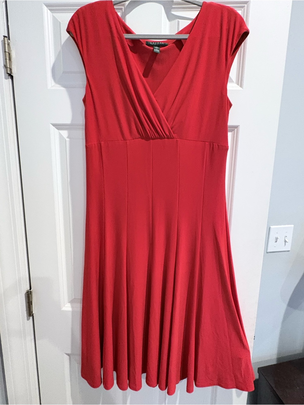 Lauren Ralph Lauren Red Faux-Wrap Dress – Size 12 – Cap Sleeve – Fit & Flare